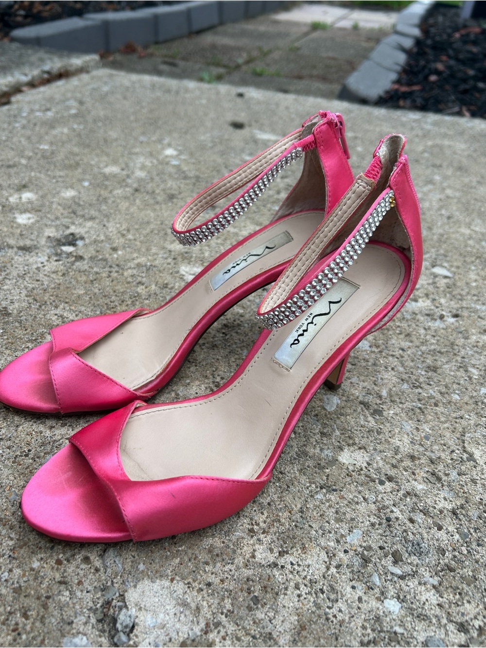Nina Hot Pink Satin Open-Toe Heels with Rhinestone Ankle Straps